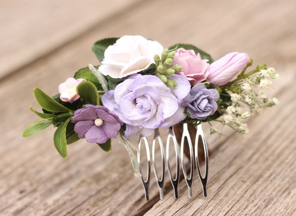 Flower hair comb lavender hair clip purple wedding comb greenery 